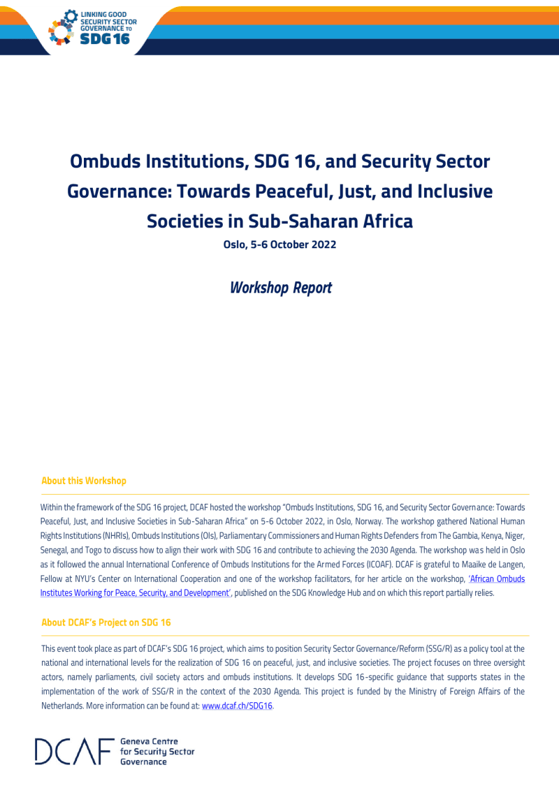 Ombuds Institutions, SDG 16, and Security Sector Governance: Towards Peaceful, Just and Inclusive Societies in Sub-Saharan Africa